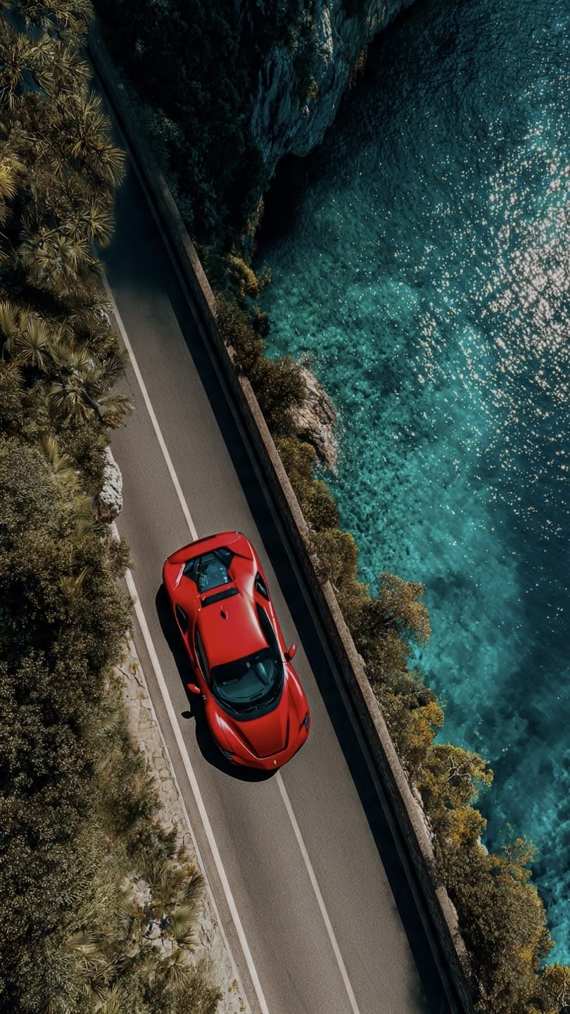 A red sports car on a coastal road along turquoise water, seen from above