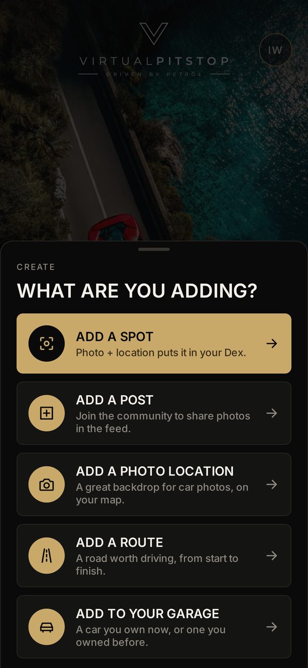 The add menu: add a spot, a post, a photo location, a route, or a car to your garage