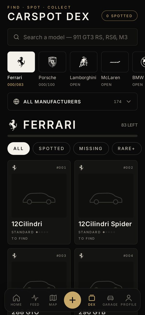 The Carspot Dex with manufacturer logos and Ferrari models to find