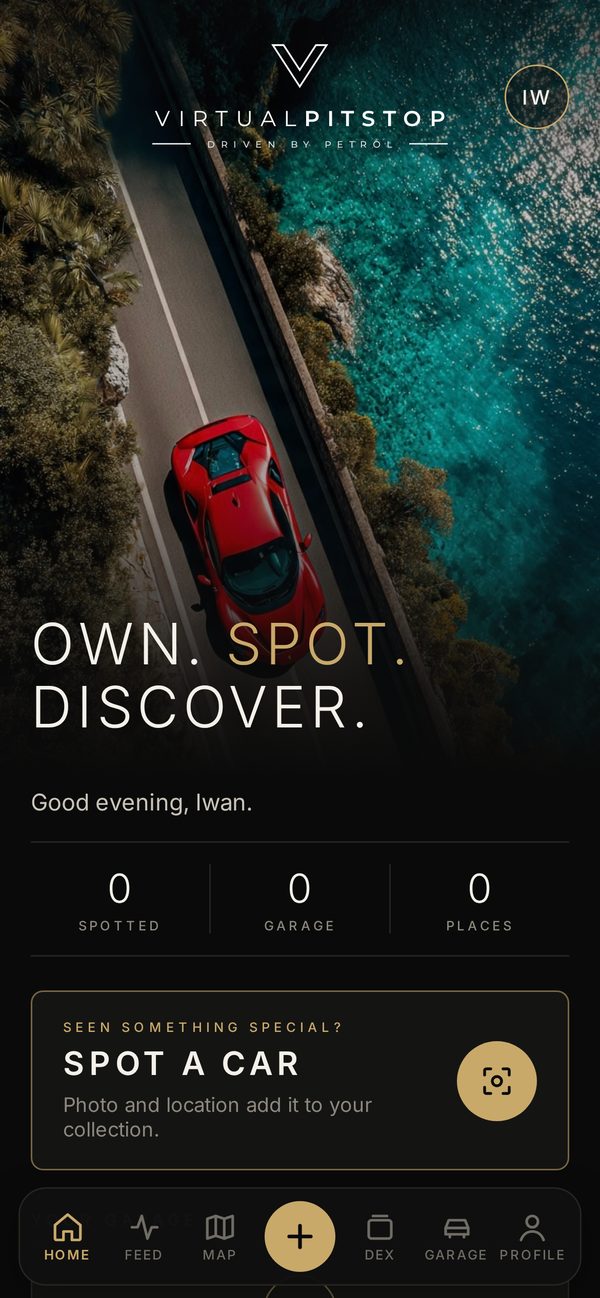 The VirtualPitstop home screen with the logo, the headline Own. Spot. Discover. and a Spot a car button